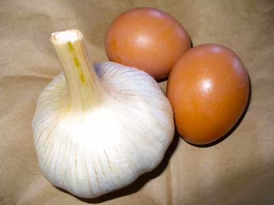 German Red hardneck garlic with two free range eggs by Susan Fluegel at Grey Duck Garlic